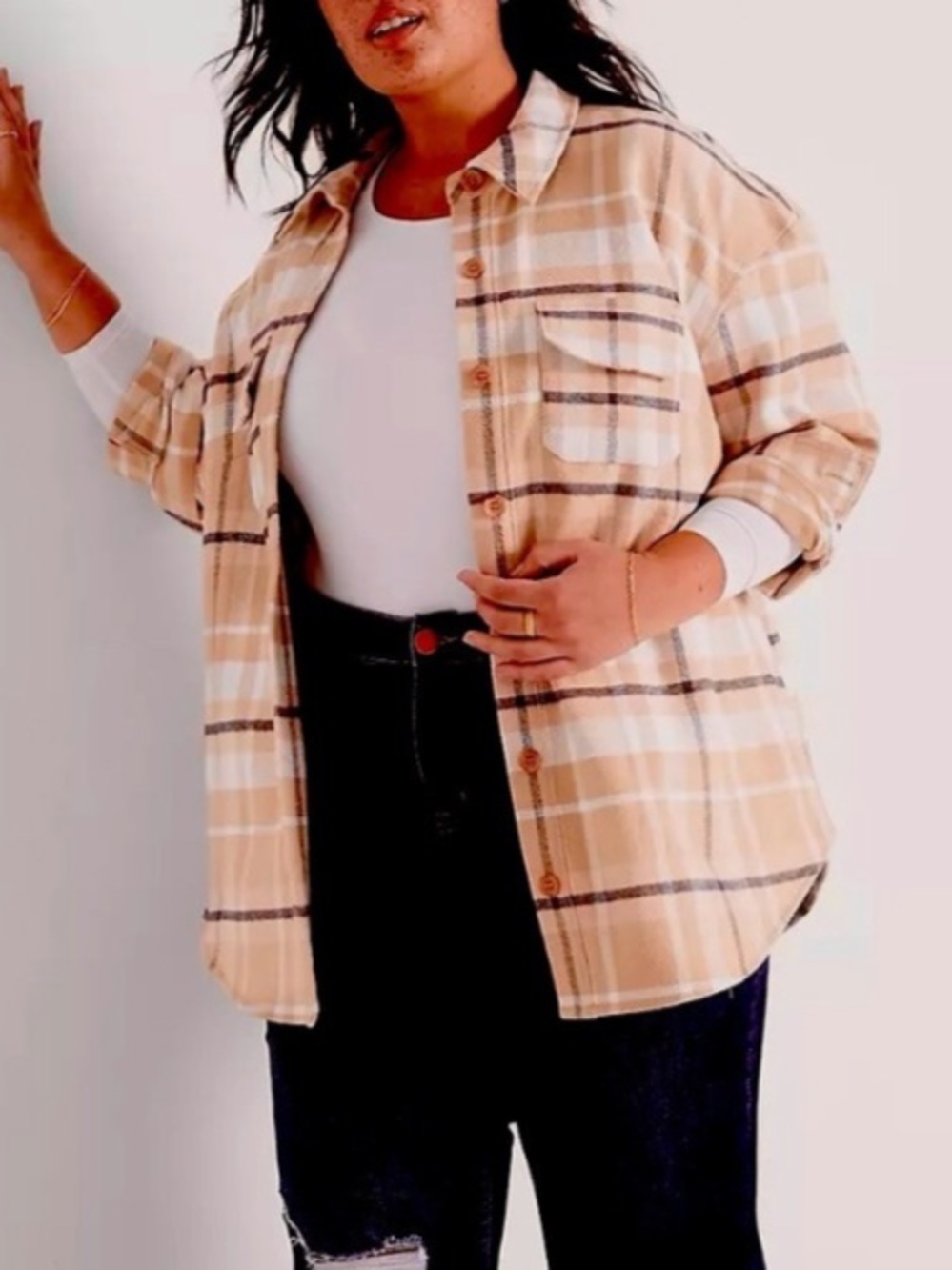 Lane Bryant NWT Plaid Button-Up Shacket 14/16 Camel/Black/White Flannel